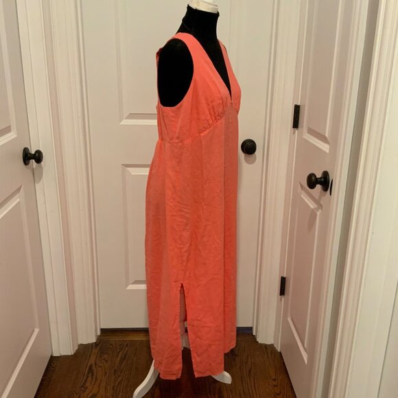 Old Navy Coral Pink V Neck Smocked Back Linen Blend Dress Large - Picture 9 of 12